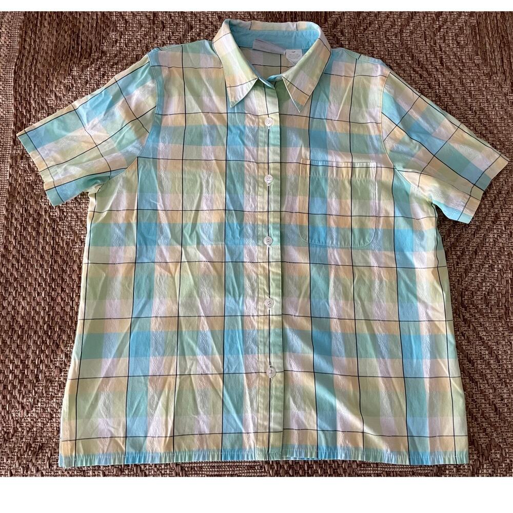 ALFRED DUNNER Sz 12 P Yellow Green and Blue Plaid Button Up blouse